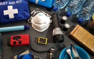 First aid kit, flashlight, masks, and other items for disaster preparedness